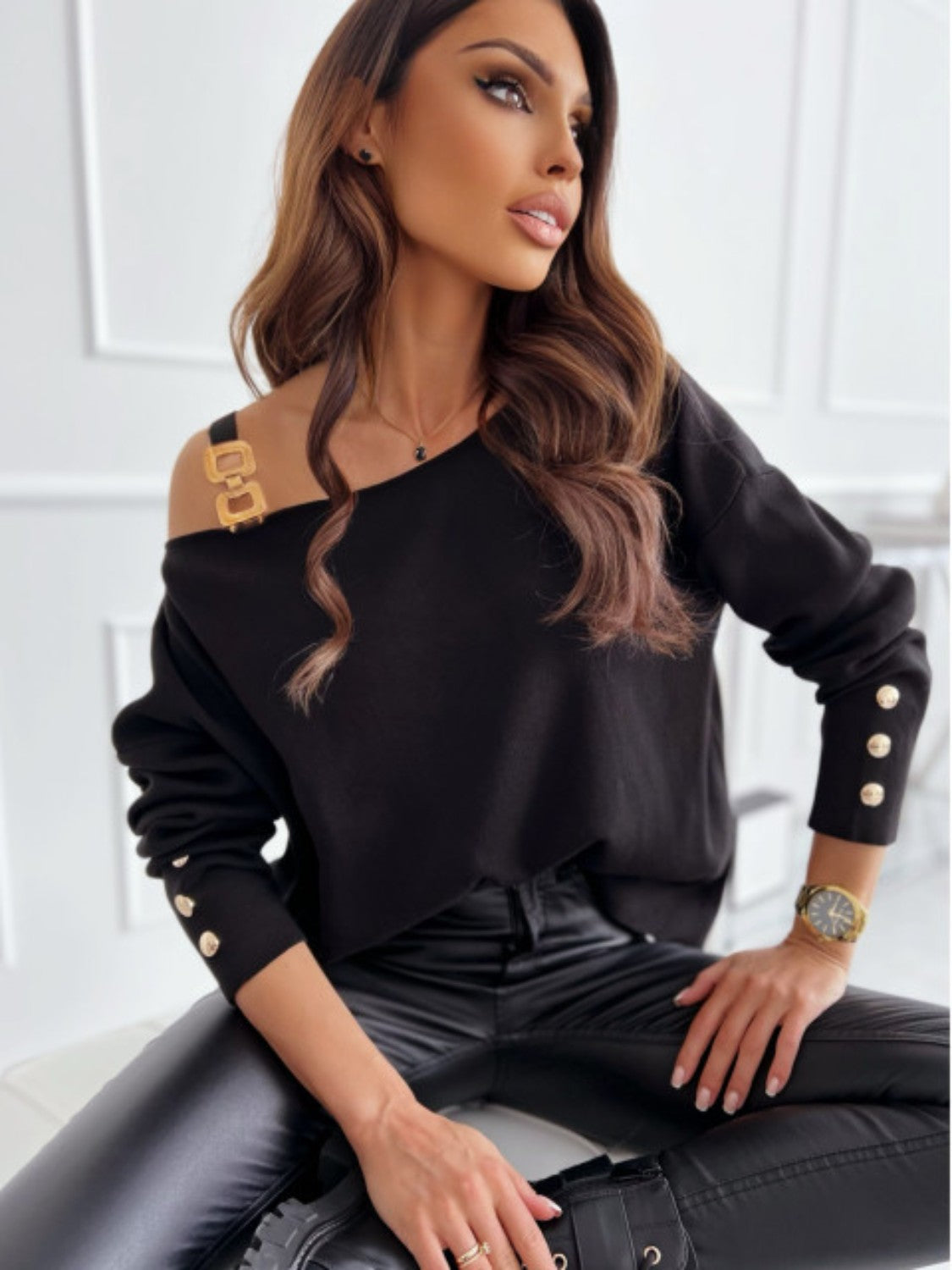 Asymmetrical Neck Buttoned Sleeve Top