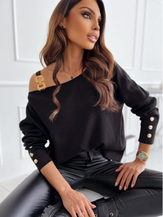 Asymmetrical Neck Buttoned Sleeve Top