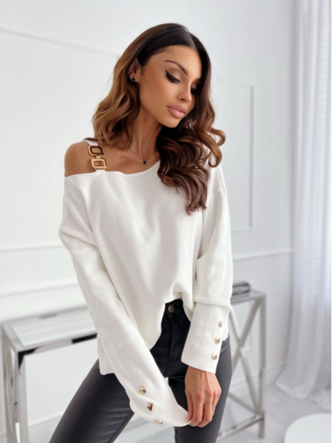 Asymmetrical Neck Buttoned Sleeve Top