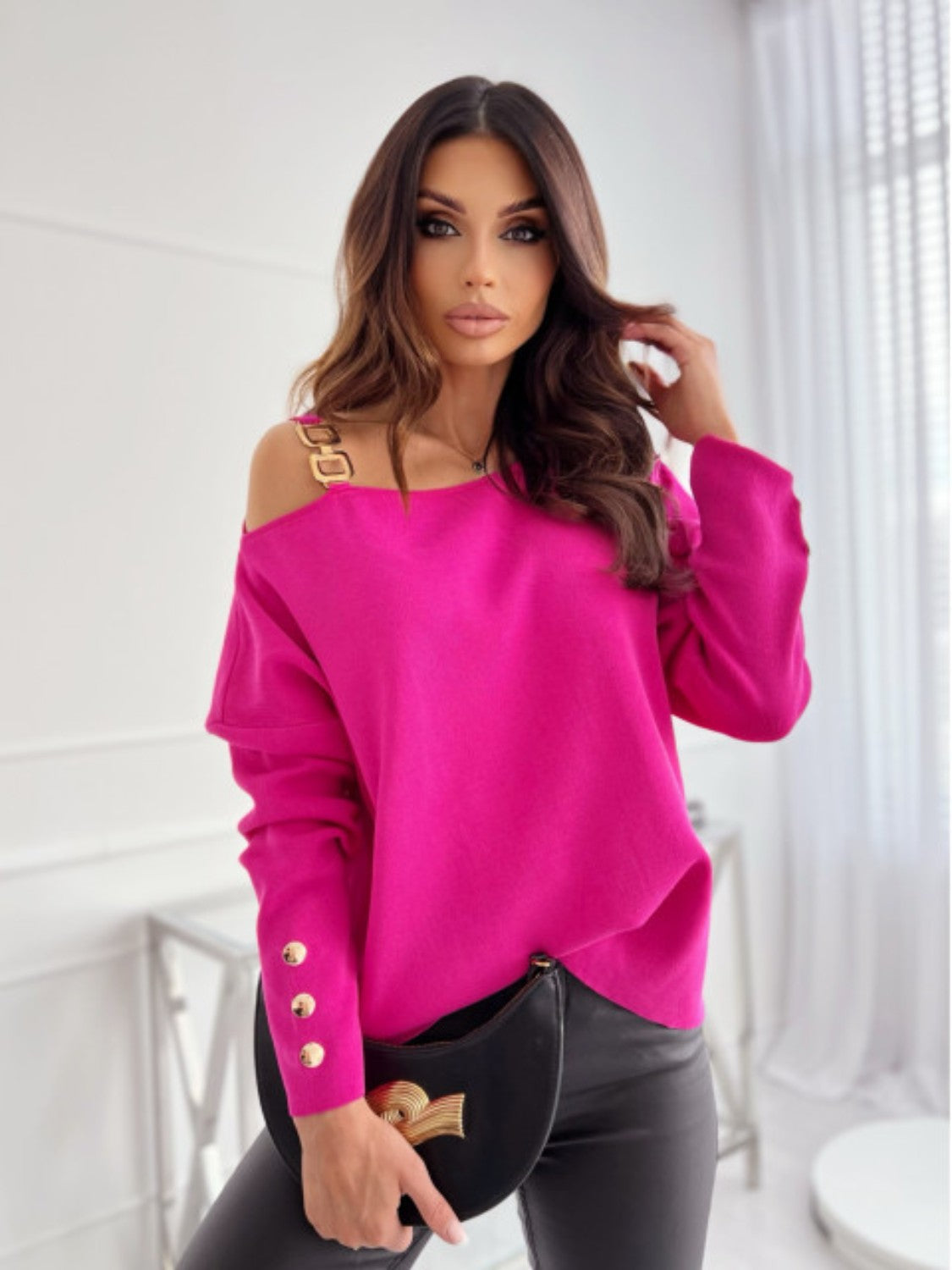 Asymmetrical Neck Buttoned Sleeve Top