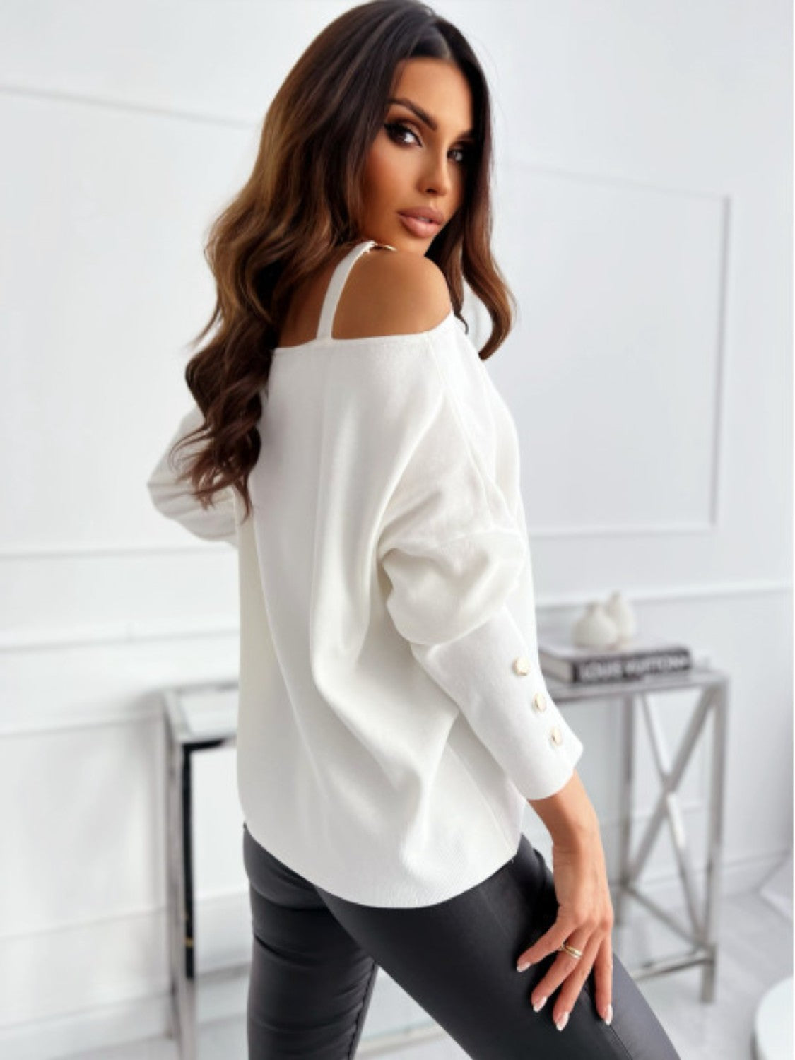Asymmetrical Neck Buttoned Sleeve Top