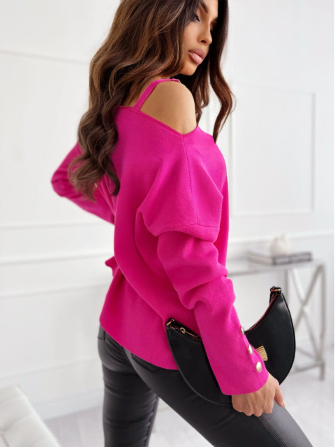 Asymmetrical Neck Buttoned Sleeve Top